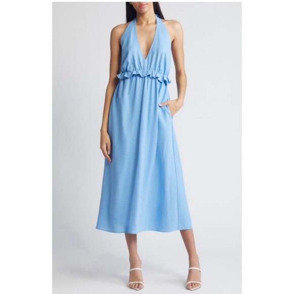 Charles Henry Linen Blue Halter Dress Large L Maxi Backless - Picture 1 of 10